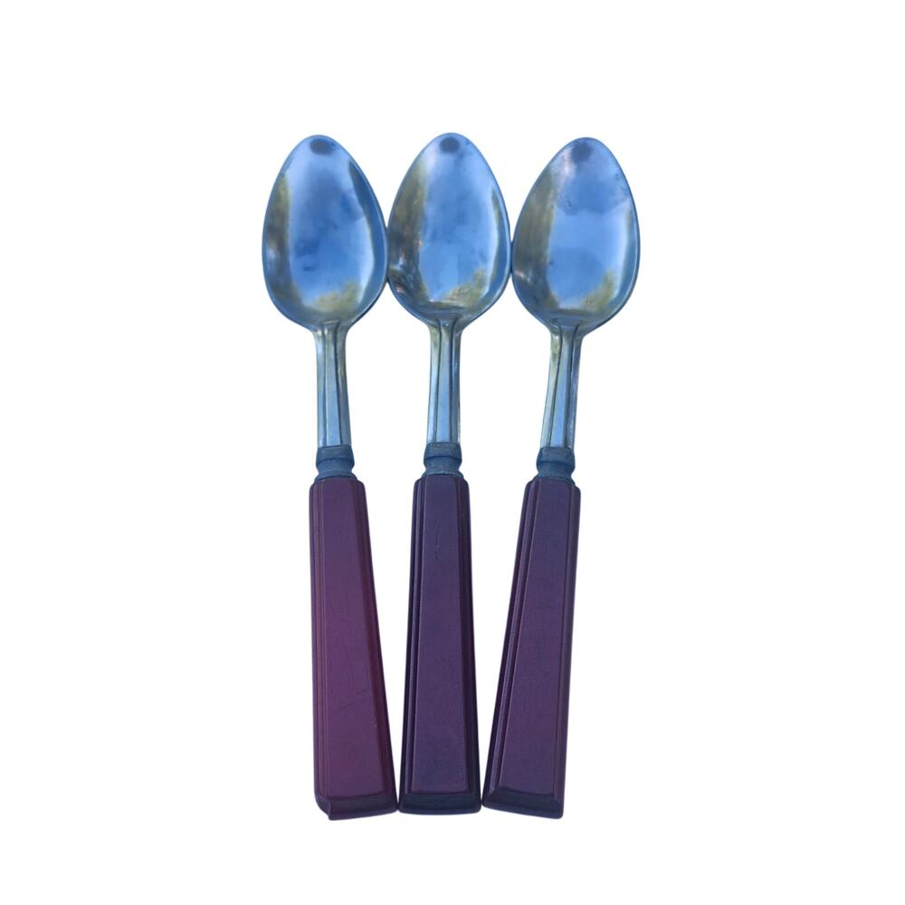 Vintage Cherry Red Bakelite Handle Stainless Steel Teaspoons Flatware Set of 3